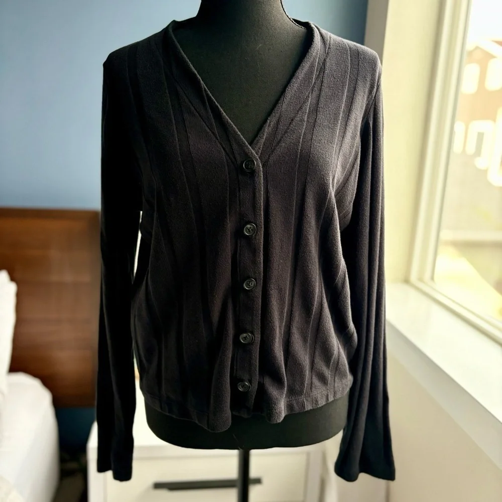 Madewell Black V-Neck Button-Up Cardigan with Stripe Detail